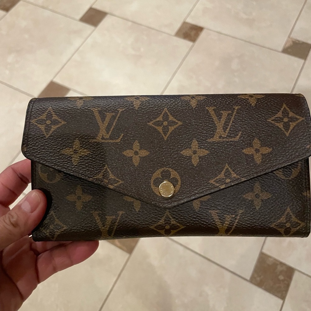 LOUIS VUITTON Monogram Portofeuil Sarah Flap Purse Brown PVC Leather!